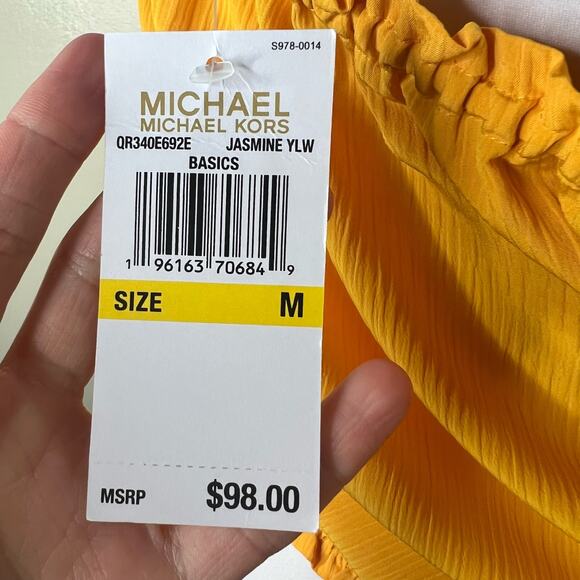 NWT MICHAEL Michael Kors Off The Shoulder Top MEDIUM Yellow Smocked Ruffle Chic - Picture 7 of 9